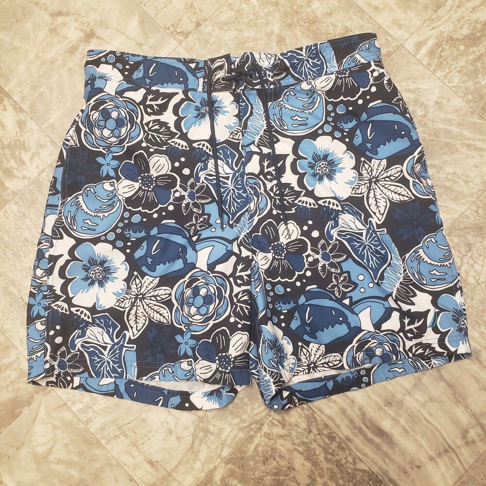 Nautica Men Large Swimsuit Blue Fish Tropical All Over Print Board Shorts Casual